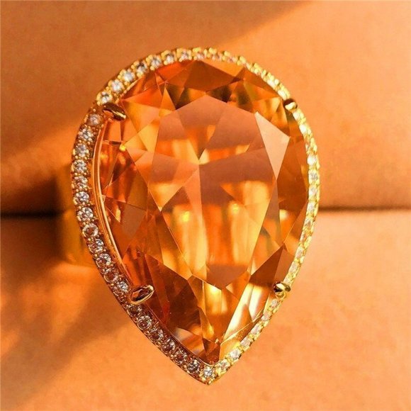 32mm Pear Cut Orange Champagne Water Drop Gold Ring - Picture 7 of 10